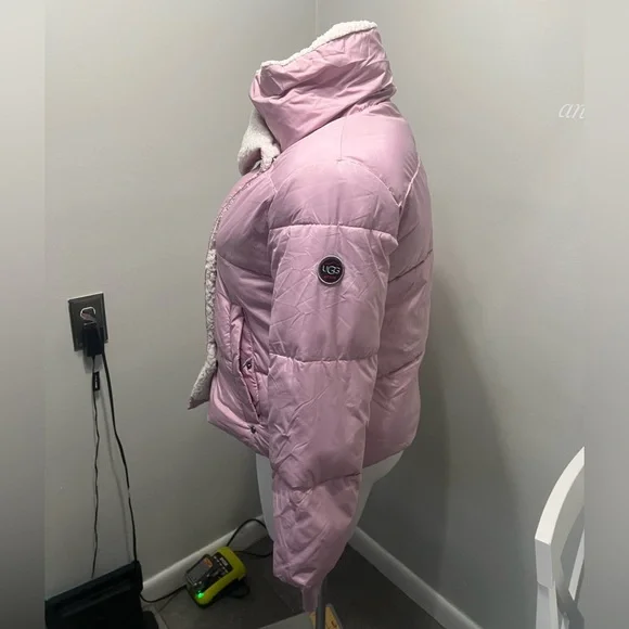 UGG Light Pink Puffer Jacket with Cream Faux Fur - Picture 2 of 8